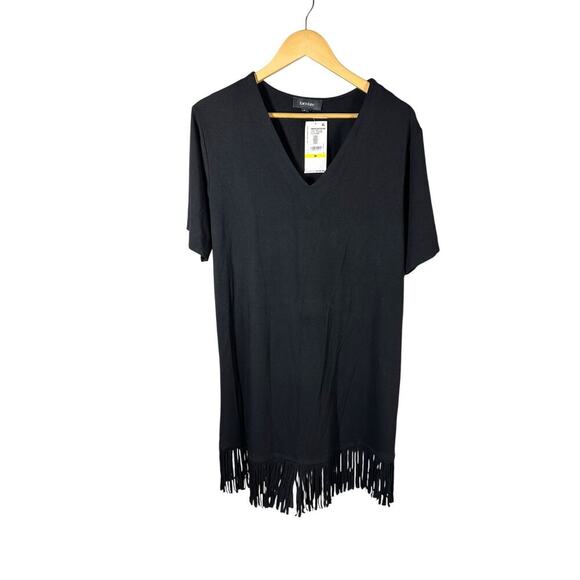 Karen Kane Black V-Neck Soft Knit Fringe Hem Dress Short Sleeve Summer Medium - Picture 1 of 10